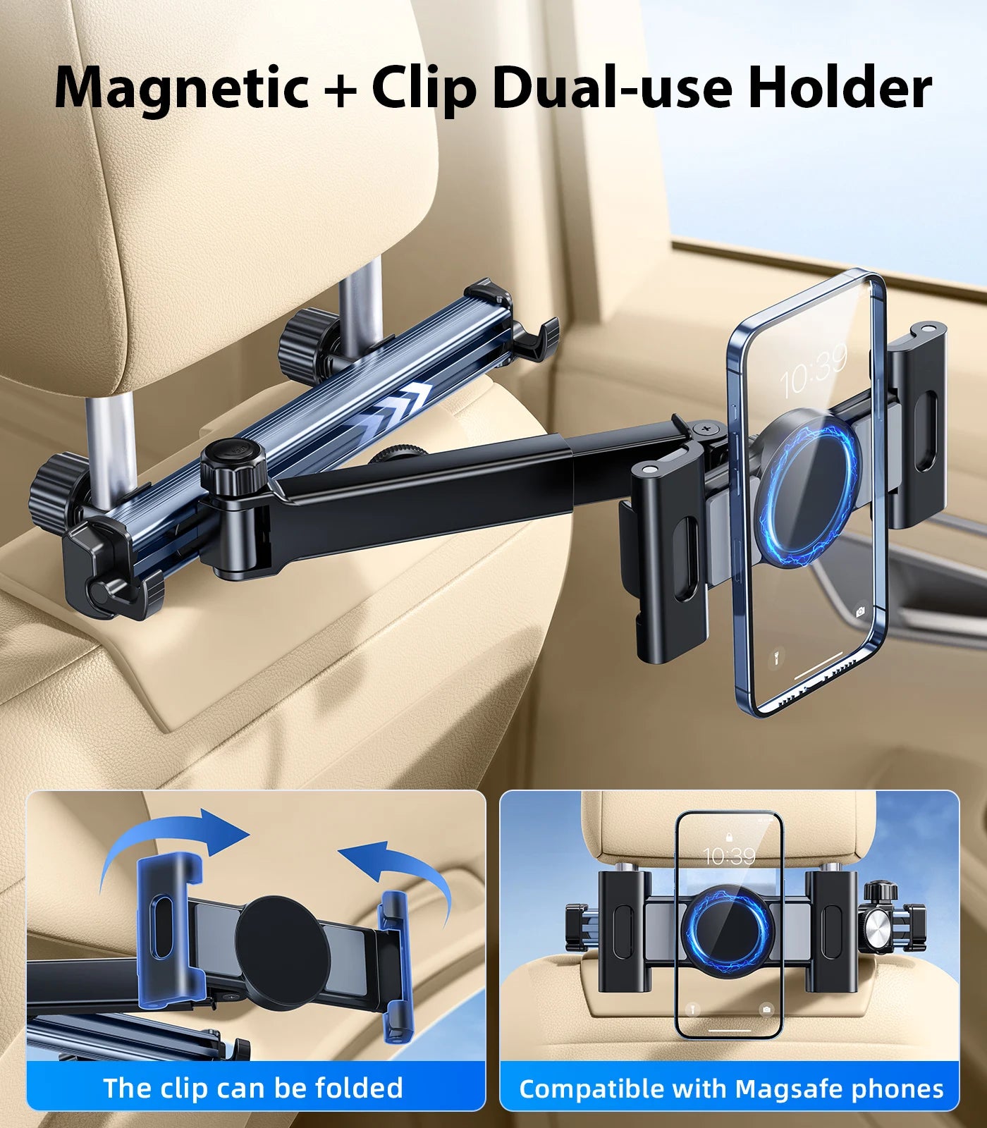 Tablet Holder Mount for Car Headrest Back Seat 360 Rotate Phone Stand Long Arm Adjustable with 2 Hook Fit for 4.7-12 Device